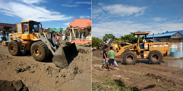 A bulldozer cleaning up road debris during Sendong (left) and during Pablo. MindaNews photo by Bobby Timonera