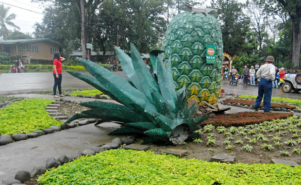 FALLEN ICON. NPA rebels topple this huge pineapple icon located in Camp Phillips, Manolo Fortich in Bukidnon during last Tuesday's attack. Camp Phillips residents are angry why the icon that symbolizes their community was destroyed by the rebels. MindaNews photo by Froilan Gallardo