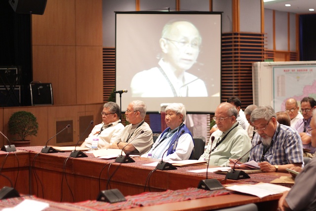 Cagayan de Oro Archbishop Antonio Ledesma (on screen) explains the rationale behind the "Conversations on Peacebuilding in Mindanao" at the opening on April 9 at the Ateneo de Davao University. Photo courtesy of IPO ADDU