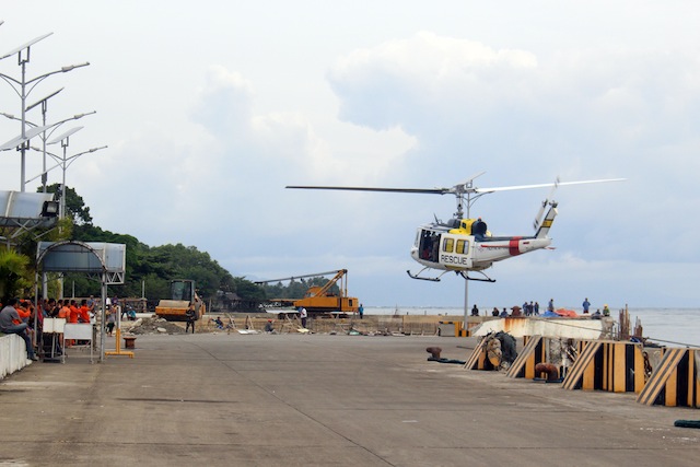 HELP. A Philippine Air Force helicopter takes off from the port of Lipata in Surigao City on Sunday morning, September 14, to help in the search and rescue operations for the missing passengers of the ill-fated MV Maharlika  which sank off Southern Leyte Saturday night. MindaNews photo by Roel N. Catoto 