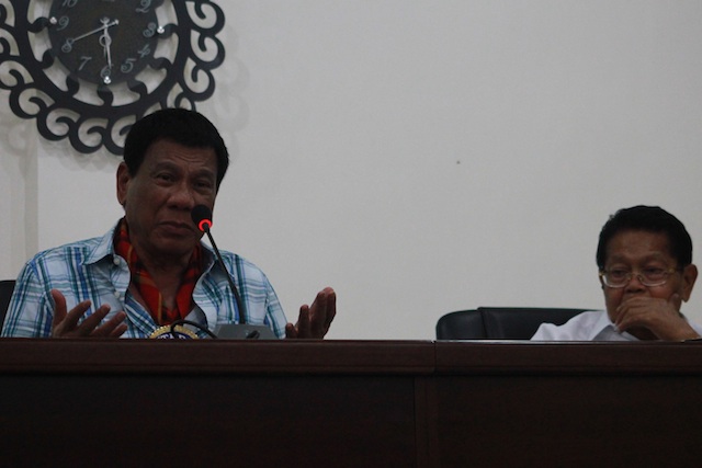 Presidential candidate Rodrigo Duterte appealed to the members of the Moro Islamic Liberation Front (MILF) Central Committee to keep the peace despite the non-passage of the Bangsamoro Basic Law during his visit at Camp Darapanan, Sultan Kudarat town in Maguindanao province on February 27, 2016. Seated with him is Ghazzali Jaafar, first vice-chair of the MILF. MindaNews photo by TOTO LOZANO