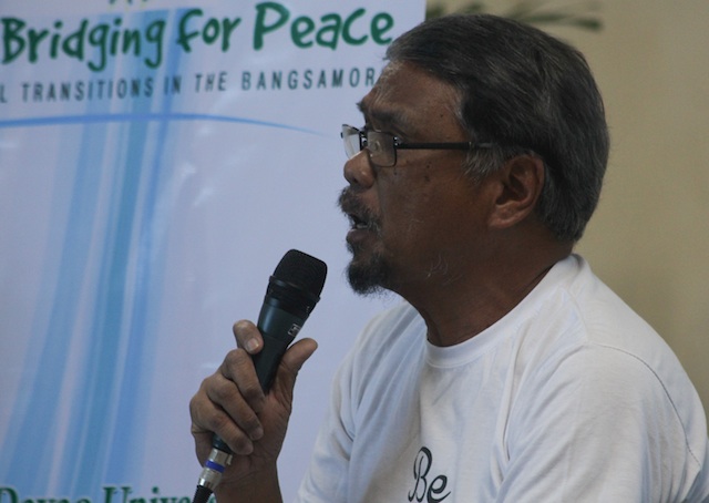 IN TWO YEARS. Guiamel Alim, executive director of the Kadtuntaya Foundation and a member of the Council of Elders of the Consortium of Bangsamoro Civil Society tells a press conference on 22 April at the Ateneo de Davao University that the Bangsamoro Basic Law needs to be passed "not later than two years from now" in accordance with the peace agreement between the government and the Moro Islamic Liberation Front. MindaNews photo by TOTO LOZANO 