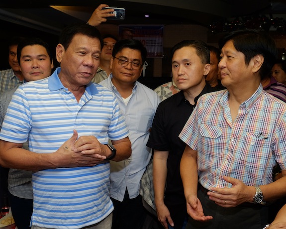 DUTERTE-MARCOS. President-elect Rody Duterte meets with outgoing Senator Ferdinand "Bongbong" Marcos, Jr. at After Dark, in Davao City near midnight Friday until the early hours of Saturday, June 11. Marcos was accompanied by his local supporters who used the tagline AlDuB, short for Alyansang Duterte-Bongbong, during the recently-concluded national elections. Photo by KIWI BULACLAC / City Mayor’s Office 