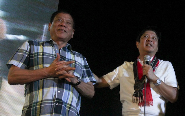 Vice Presidential bet Ferdinand Marcos, Jr. and then Presidential bet Rodrigo Duterte shared the same stage in Alabel, Sarangani on November 27, 2015, as guests in the provinces' foundation day. Marcos spoke first before Duterte. MindaNews photo by TOTO LOZANO