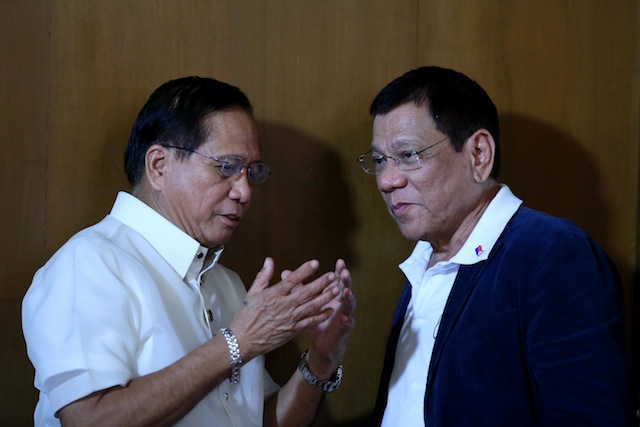 President Rodrigo Duterte speaks with Secretary Jesus Dureza of the Office of the Presidential Adviser on the Peace Process after the presentation of the Peace Roadmap at the State Dining Room of the Malacañan Palace on Monday evening, July 18, 2016. ACE MORANDANTE/PPD 