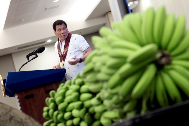 President Rodrigo Roa Duterte tells the audience at the National Banana Congress in Davao City Friday that “the greatest promise of the banana growers in the Philippines … is really the law and order” as he urges everyone to help “put together a country that’s bereft of any revolutionary tax, extortion.” ROBINSON NIÑAL/ Presidential Photo 
