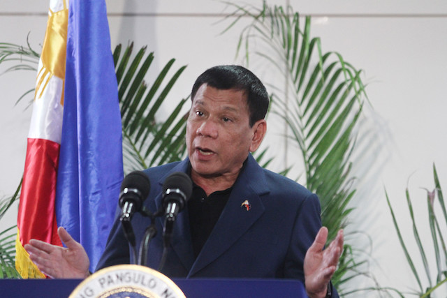 President Rodrigo Duterte clarifies his statements on US relations upon arrival in Davao City from his state visits in Brunei and China, shortly before midnight on Friday, October 21, 2016. Mindanews photo