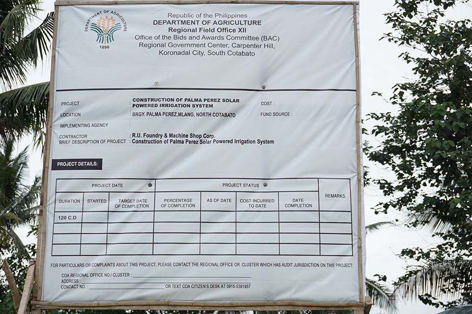 Except for the official duration, a tarp on the SPIS project in Brgy. Palma Perez in M'lang, North Cotabato does not mention the other details. Photo taken April 3, 2019. Mindanews Photo by H. Marcos C. Mordeno