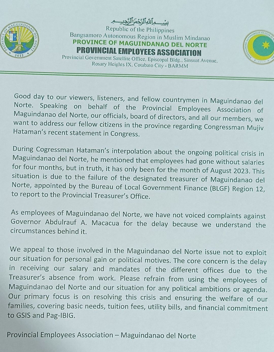 maguindanao employees statement