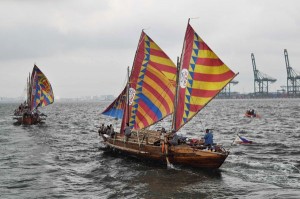 The Balangay boats sail past Jurong Island or Shell Island off Singapore after completing a four- nation epic voyage  across Asia from Davao City. Photo contributed by the Philippine Embassy in Singapore